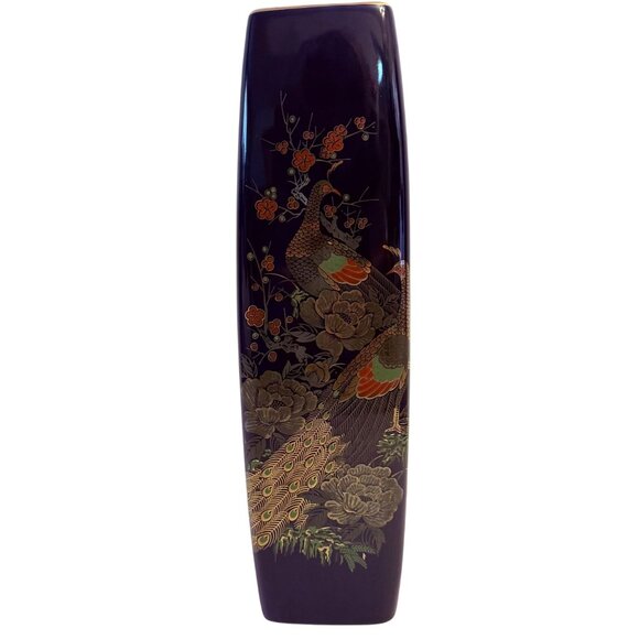 Japanese Peacock Vase Cobalt Blue VTG Tall Square Cylinder Floral Kutani Style - Picture 1 of 16